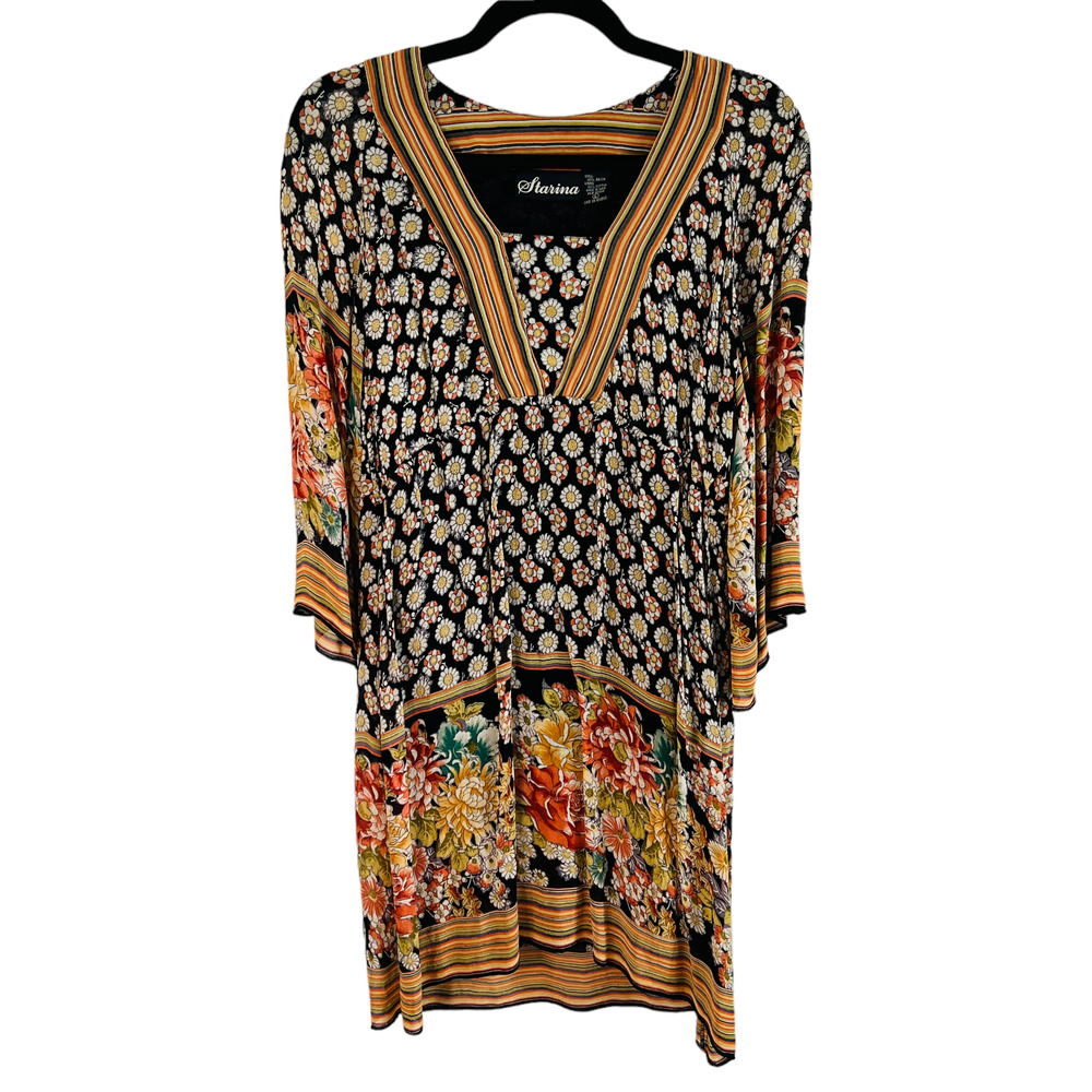 Vintage 90s Starina Multi Floral Bohemian Lined Women's Dress Size Large - Picture 2 of 11